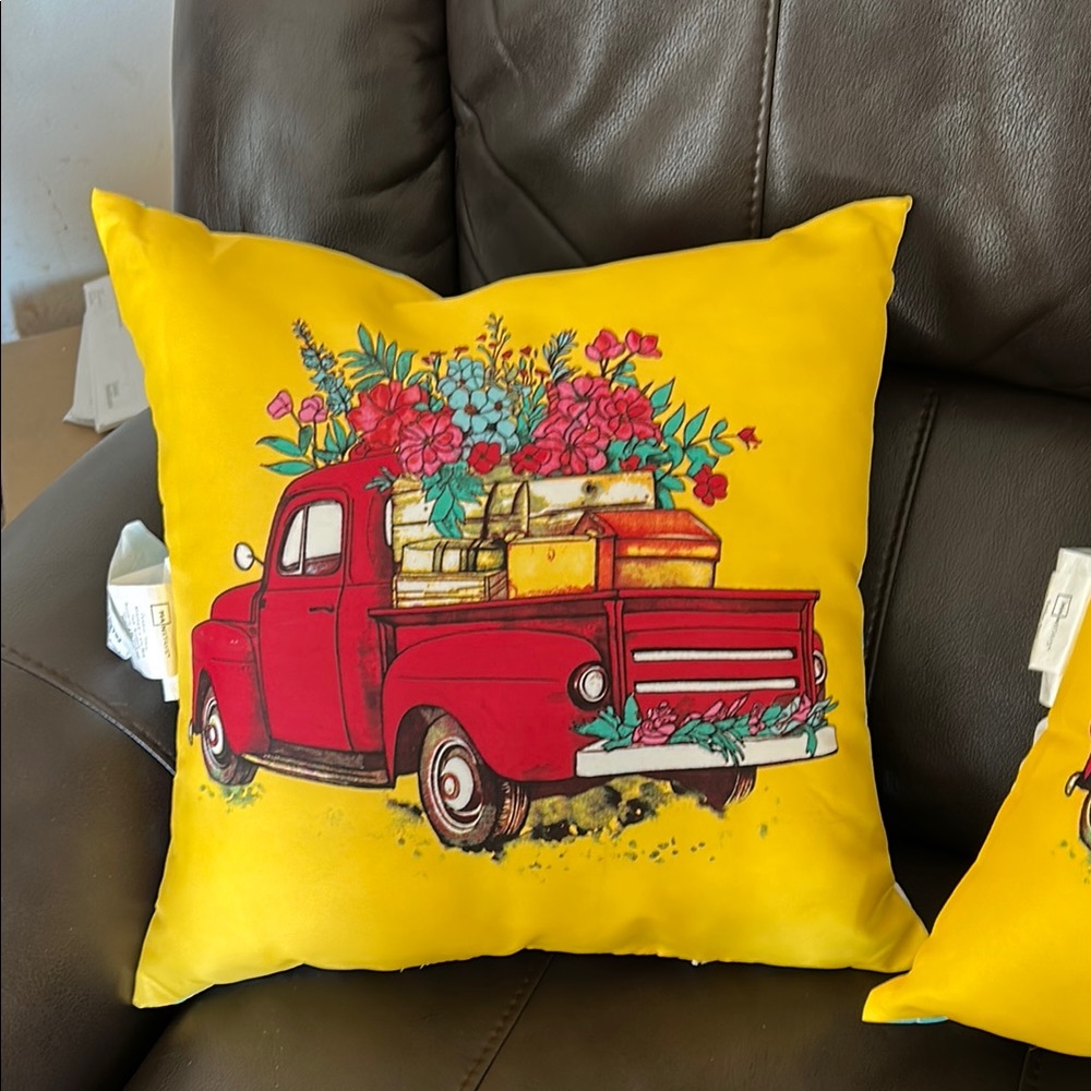 Festive Yellow Pillow with Red Truck Design Set Of Two